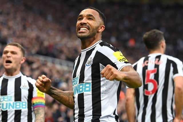 Callum Wilson celebrates after scoring his second goal during the Premier League match between Newcastle United and Aston Villa at St. James Park (Photo by Stu Forster/Getty Images)