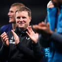 Newcastle United head coach Eddie Howe applauds the club's fans.