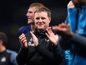 Newcastle United head coach Eddie Howe applauds the club's fans.