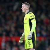 Dean Henderson of Manchester United looks on during the Emirates FA Cup Fourth Round match between Manchester United and Middlesbrough at Old Trafford on February 04, 2022 in Manchester, England. (Photo by Alex Livesey/Getty Images)