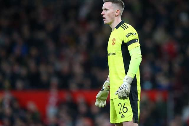 Dean Henderson of Manchester United looks on during the Emirates FA Cup Fourth Round match between Manchester United and Middlesbrough at Old Trafford on February 04, 2022 in Manchester, England. (Photo by Alex Livesey/Getty Images)