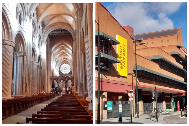 Gothic wonder Durham Cathedral, where the Lindisfarne Gospels could be kept and Wilko-lookalike the British Library, where it is kept.