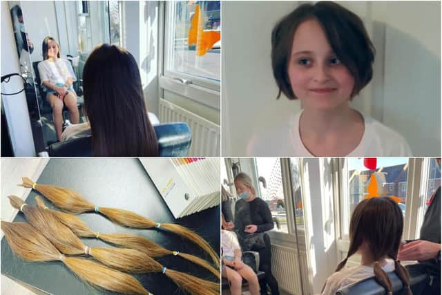10-year-old Eva pre- and post-chop, with her donated hair pictured (below, left).