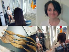 10-year-old Eva pre- and post-chop, with her donated hair pictured (below, left).