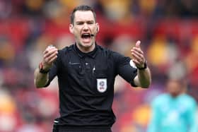 Referee Jarred Gillett during the Sky Bet Championship Play-off Semi Final 2nd Leg match between Brentford and AFC Bournemouth at Brentford Community Stadium on May 22, 2021 in Brentford, England. A limited number of fans will be allowed into the stadium as Coronavirus restrictions begin to ease in the UK. (Photo by Alex Pantling/Getty Images)