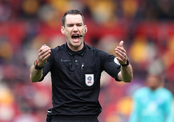 Referee Jarred Gillett during the Sky Bet Championship Play-off Semi Final 2nd Leg match between Brentford and AFC Bournemouth at Brentford Community Stadium on May 22, 2021 in Brentford, England. A limited number of fans will be allowed into the stadium as Coronavirus restrictions begin to ease in the UK. (Photo by Alex Pantling/Getty Images)