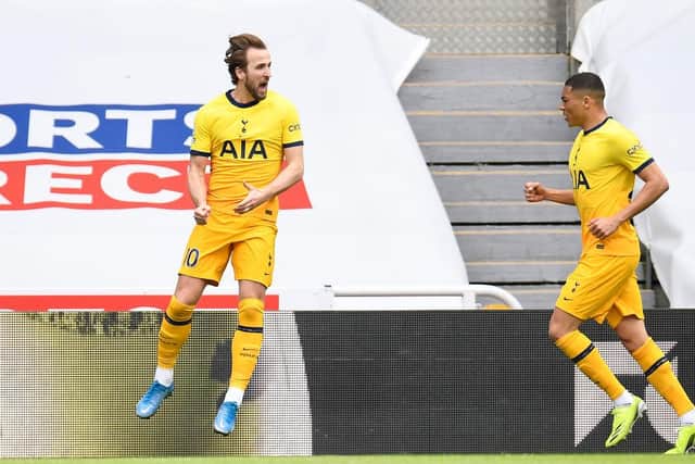 Tottenham's Harry Kane celebrates scoring against Newcastle.