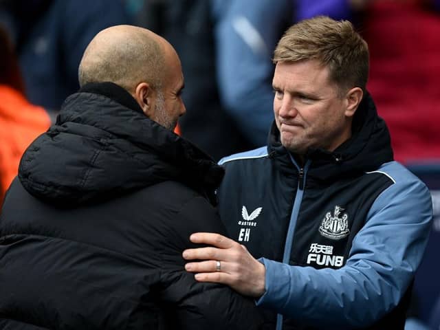 Manchester City manager Pep Guardiola and Newcastle United head coach Eddie Howe before the game.