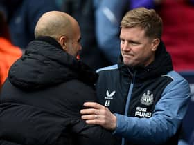 Manchester City manager Pep Guardiola and Newcastle United head coach Eddie Howe before the game.