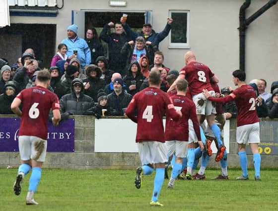 Champions! South Shields secure promotion to National League North after win at Whitby Town. Kev Wilson photo.