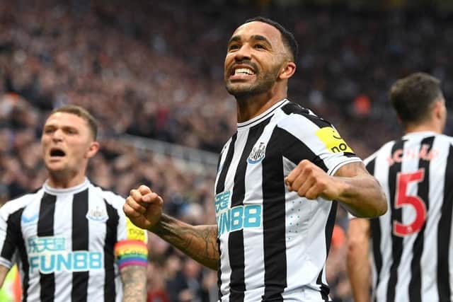 NEWCASTLE UPON TYNE, ENGLAND - OCTOBER 29: Newcastle striker Callum Wilson (c) celebrates after scoring his second goal during the Premier League match between Newcastle United and Aston Villa at St. James Park on October 29, 2022 in Newcastle upon Tyne, England. (Photo by Stu Forster/Getty Images)
