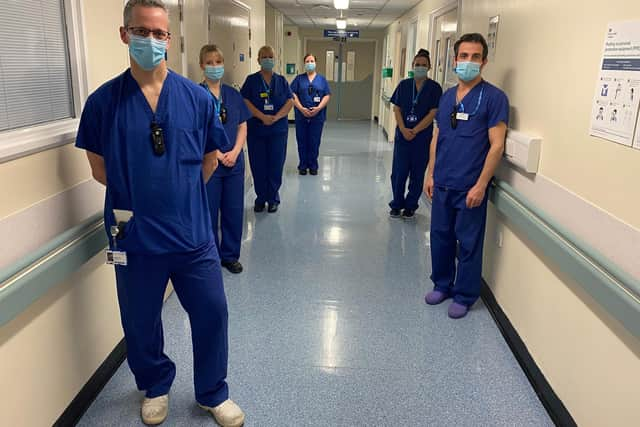 ITU staff at South Tyneside District Hospital. Dr Christian Frey (front), Dr Riccardo Scano (right),  ICCU coordinator Lousie Rowe (left).