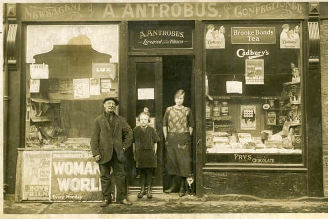 A sepia photograph of a shopfront at 34 Monkton Road, Jarrow - A. Antrobus - newsagent, confectioner and tobacconist