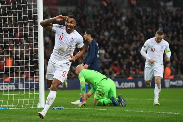 Callum Wilson celebrates scoring for England in 2018.