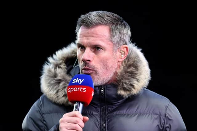 TV Pundit Jamie Carragher looks on during the Premier League match between Newcastle United and Wolverhampton Wanderers at St. James Park on April 08, 2022 in Newcastle upon Tyne, England. (Photo by Naomi Baker/Getty Images)