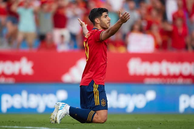 MALAGA, SPAIN - JUNE 12: Marco Asensio of Spain reacts during the UEFA Nations League League A Group 2 match between Spain and Czech Republic at La Rosaleda Stadium on June 12, 2022 in Malaga, Spain. (Photo by Fran Santiago/Getty Images)