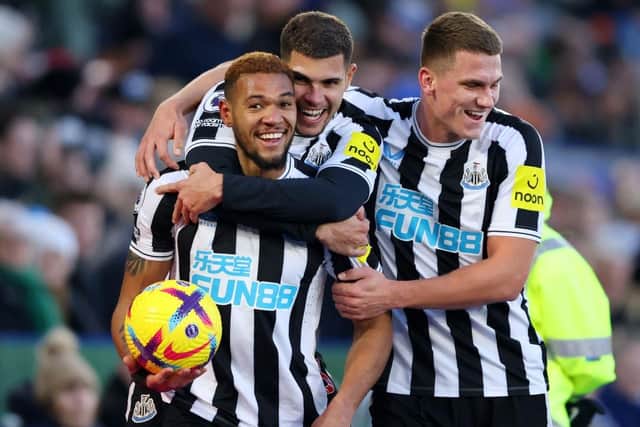 Joelinton celebrates scoring Newcastle United's third goal.