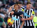 Joelinton celebrates scoring Newcastle United's third goal.