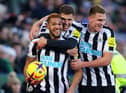 Joelinton celebrates scoring Newcastle United's third goal.