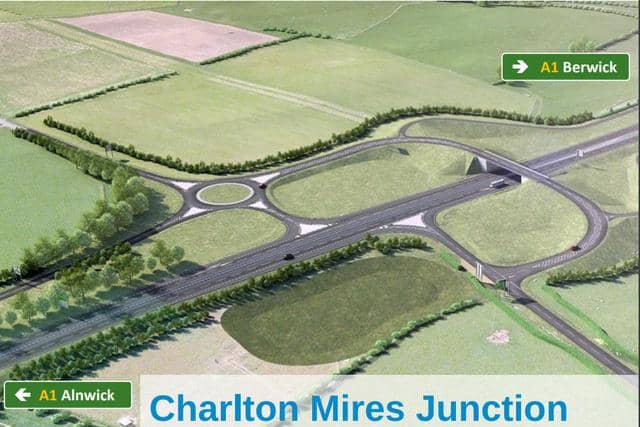 A visualisation of the proposals for the Charlton Mires junction of the A1 as part of the proposed dualling between Alnwick and Ellingham.