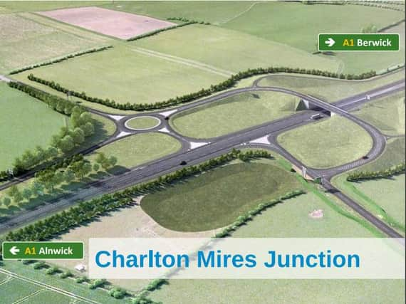 A visualisation of the proposals for the Charlton Mires junction of the A1 as part of the proposed dualling between Alnwick and Ellingham.