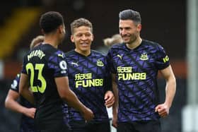 Dwight Gayle, centre, celebrates Fabian Schar's goal against Fulham on the final day of last season.