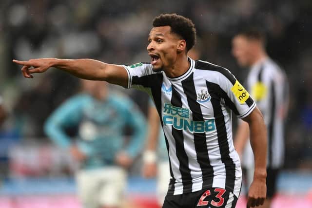 Newcastle player Jacob Murphy makesa point during the Carabao Cup Semi Final 2nd Leg match between Newcastle United and Southampton at St James' Park on January 31, 2023 in Newcastle upon Tyne, England. (Photo by Stu Forster/Getty Images)
