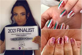 Chloe Leigh Power (left) with examples of her highly-rated work (right, top and bottom)