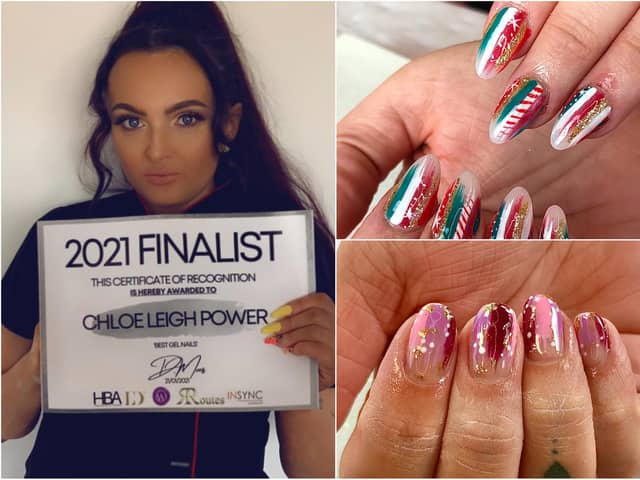 Chloe Leigh Power (left) with examples of her highly-rated work (right, top and bottom)