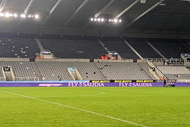 Fly Saudia advertising boards at St James's Park.