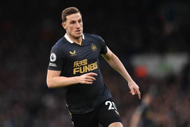 Chris Wood of Newcastle in action during the Premier League match between Leeds United  and  Newcastle United at Elland Road on January 22, 2022 in Leeds, England. (Photo by Stu Forster/Getty Images)