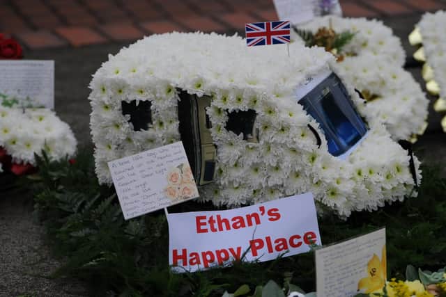 A floral tribute in the shape of a caravan paid tribute to Ethan's love of his family trips to the caravan in Thirsk.