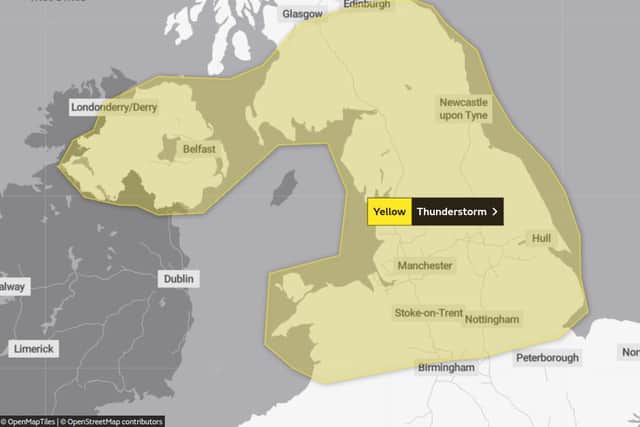 A graphic issued by the Met Office shows the area covered by Friday's yellow thunderstorm alert.
