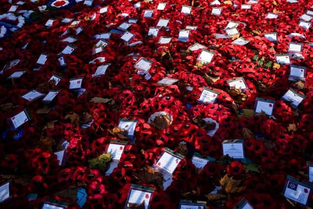 Wreaths of poppies, placed on Remembrance Sunday, pictured at the Cenotaph in London in November 2021. Picture: Niklas Halle'n/AFP via Getty Images.
