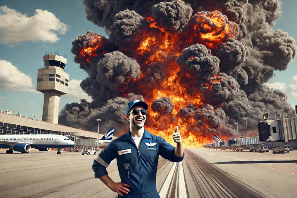 'Yeah, the runway seems fine to me.' Not even an earthquake can stop some flights for long. AI image created by Dall-e