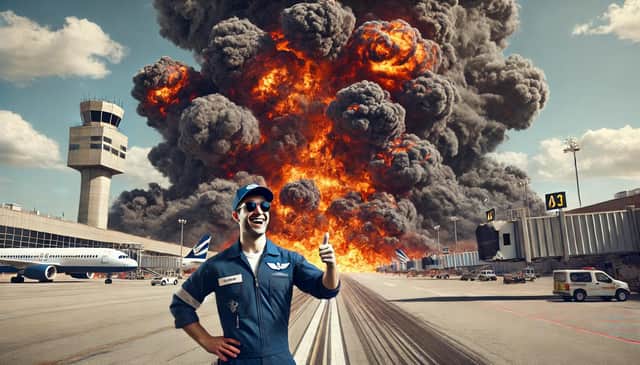 'Yeah, the runway seems fine to me.' Not even an earthquake can stop some flights for long. AI image created by Dall-e