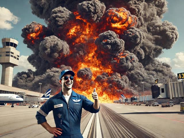 'Yeah, the runway seems fine to me.' Not even an earthquake can stop some flights for long. AI image created by Dall-e