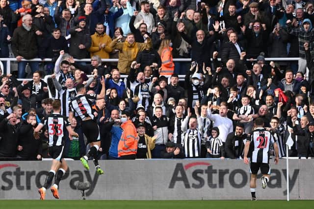 Fabian Schaer celebrates with Dan Burn and Ryan Fraser of Newcastle United after scoring their team's second goal during the Premier League match between Newcastle United and Brighton & Hove Albion at St. James Park on March 05, 2022 in Newcastle upon Tyne, England. (Photo by Stu Forster/Getty Images)
