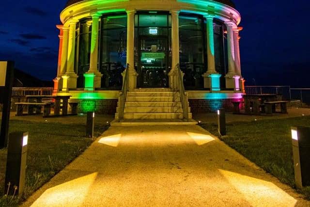 Colmans Seafood Temple is lit as a rainbow every evening during lockdown. Photo by Steven Lomas.