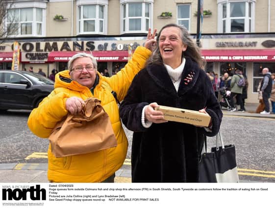 Huge queues form outside Colmans fish and chip shop this afternoon (FRI) in South Shields, South Tyneside as customers follow the tradition of eating fish on Good Friday.
Pictured are Julia Collins (right) and Lynn Bradshaw (left)