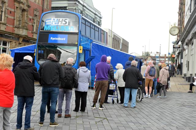 Long queues at the covid bus in King Street, South Shields.