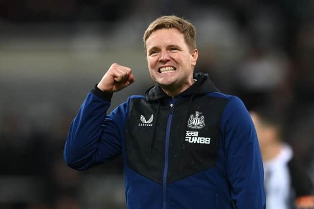 Newcastle manager Eddie Howe celebrates with the fans after the Premier League match between Newcastle United and Burnley at St. James Park on December 04, 2021 in Newcastle upon Tyne, England. (Photo by Stu Forster/Getty Images)