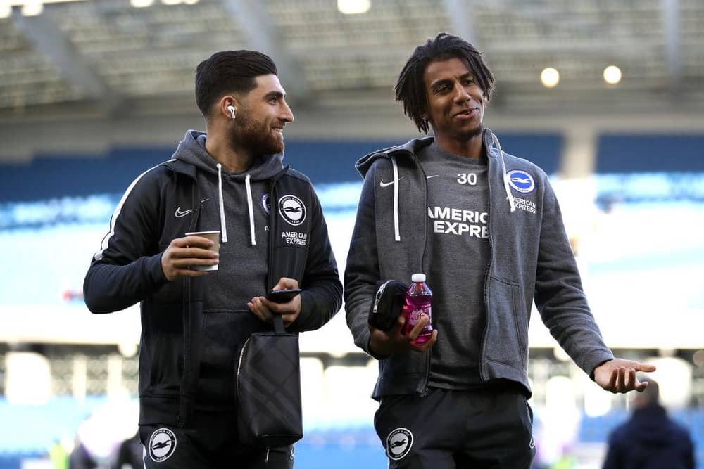 BRIGHTON, ENGLAND - FEBRUARY 08: Alireza Jahanbakhsh and Bernardo Fernandes da Silva of Brighton and Hove Albion speak during a pitch inspection prior to the Premier League match between Brighton & Hove Albion and Watford FC at American Express Community Stadium on February 08, 2020 in Brighton, United Kingdom. (Photo by Bryn Lennon/Getty Images)