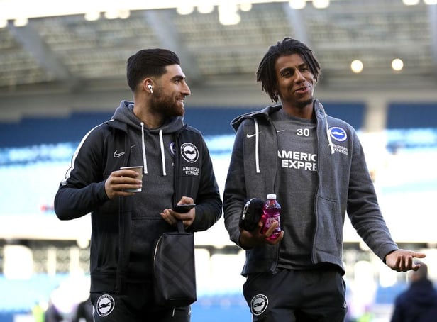 BRIGHTON, ENGLAND - FEBRUARY 08: Alireza Jahanbakhsh and Bernardo Fernandes da Silva of Brighton and Hove Albion speak during a pitch inspection prior to the Premier League match between Brighton & Hove Albion and Watford FC at American Express Community Stadium on February 08, 2020 in Brighton, United Kingdom. (Photo by Bryn Lennon/Getty Images)