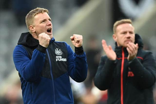 Newcastle United head coach Eddie Howe celebrates the win over Aston Villa.