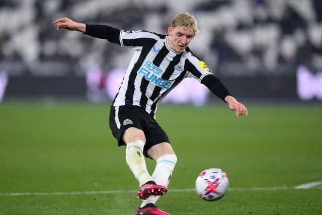 Anthony Gordon of Newcastle United during the Premier League match between West Ham United and Newcastle United at London Stadium on April 05, 2023 in London, England. (Photo by Justin Setterfield/Getty Images)