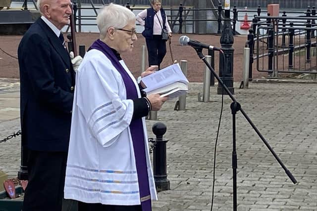 Chaplain Pat Bealing saying prayers during the Merchant Navy Memorial event held at Mill Dam, South Shields. Picture by FRANK REID.