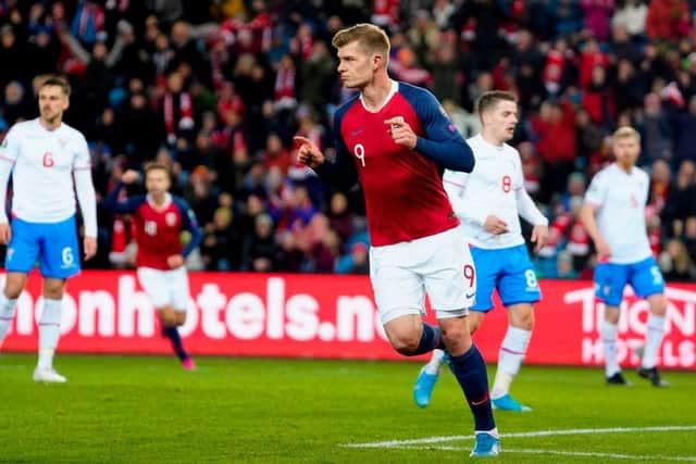 Norway's forward Alexander Sorloth celebrate scoring during the UEFA Euro 2020 Group F qualification football match between Norway and the Faroe Islands in Oslo, Norway, on November 15, 2019. (Photo by Fredrik Hagen / various sources / AFP) / Norway OUT (Photo by FREDRIK HAGEN/NTB Scanpix/AFP via Getty Images)