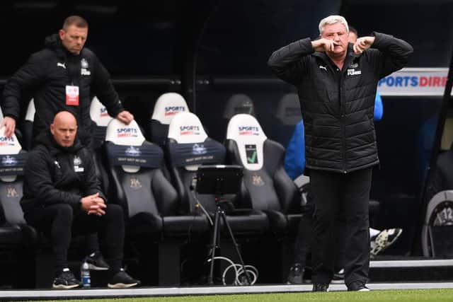 Steve Bruce, Manager of Newcastle United reacts during the Premier League match between Newcastle United and Arsenal at St. James Park on May 02, 2021 in Newcastle upon Tyne, England.