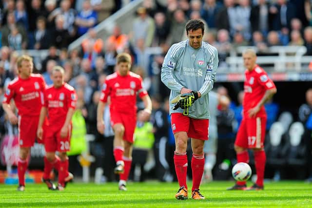 Jose Enrique playing in goal for Liverpool against Newcastle United in April 2012  (Photo by Stu Forster/Getty Images)